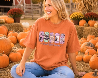 Comfort Colors® Cute Ghost Bat Halloween Shirt, Kawaii Candy Skeleton Hand Graphic Tee, Pastel Bat Candy Graphic Shirt, Cute Halloween Shirt