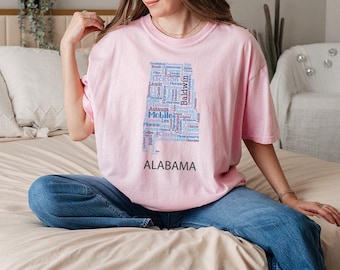 Comfort Colors® Alabama Typographic Map Shirt, State Pride Design, Artistic Blue Font Tee for Alabama Residents and Travelers