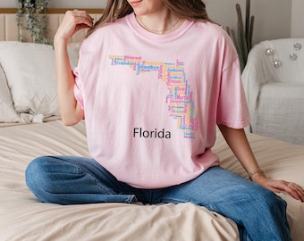 Comfort Colors® Florida Counties Typographic Map Shirt, Vibrant Florida Souvenir, Regional Identity Apparel for Residents