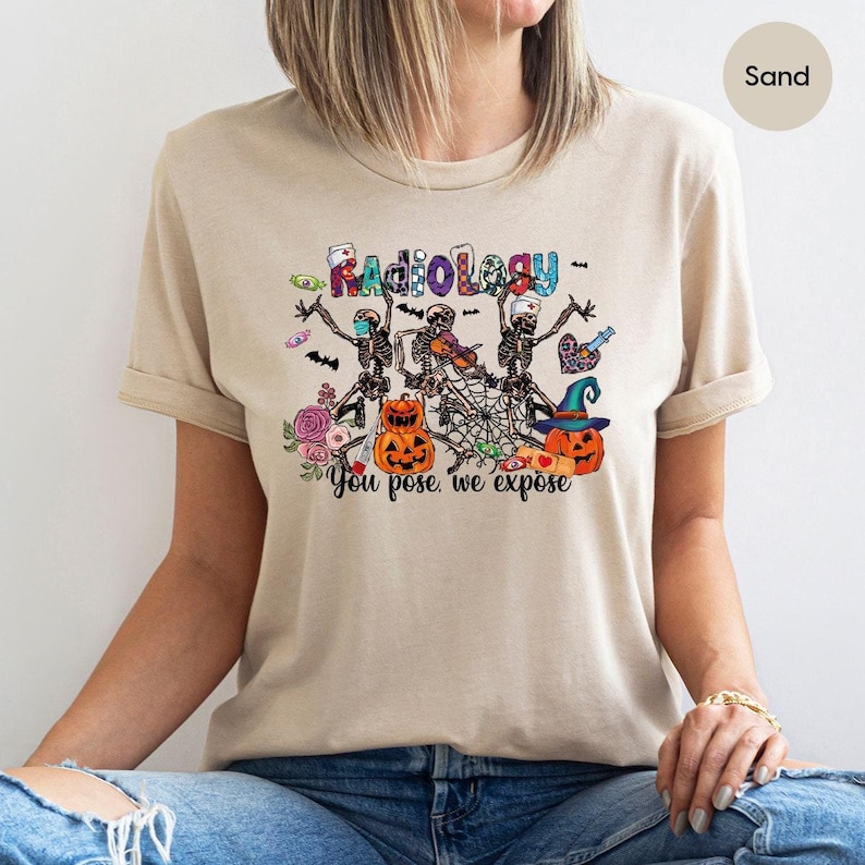 Radiology You Pose We Expose Halloween Tshirts, Funny Halloween Skeleton Pumpkins Shirt, Radiology Technician Graphic Tees for Radiologist image 2
