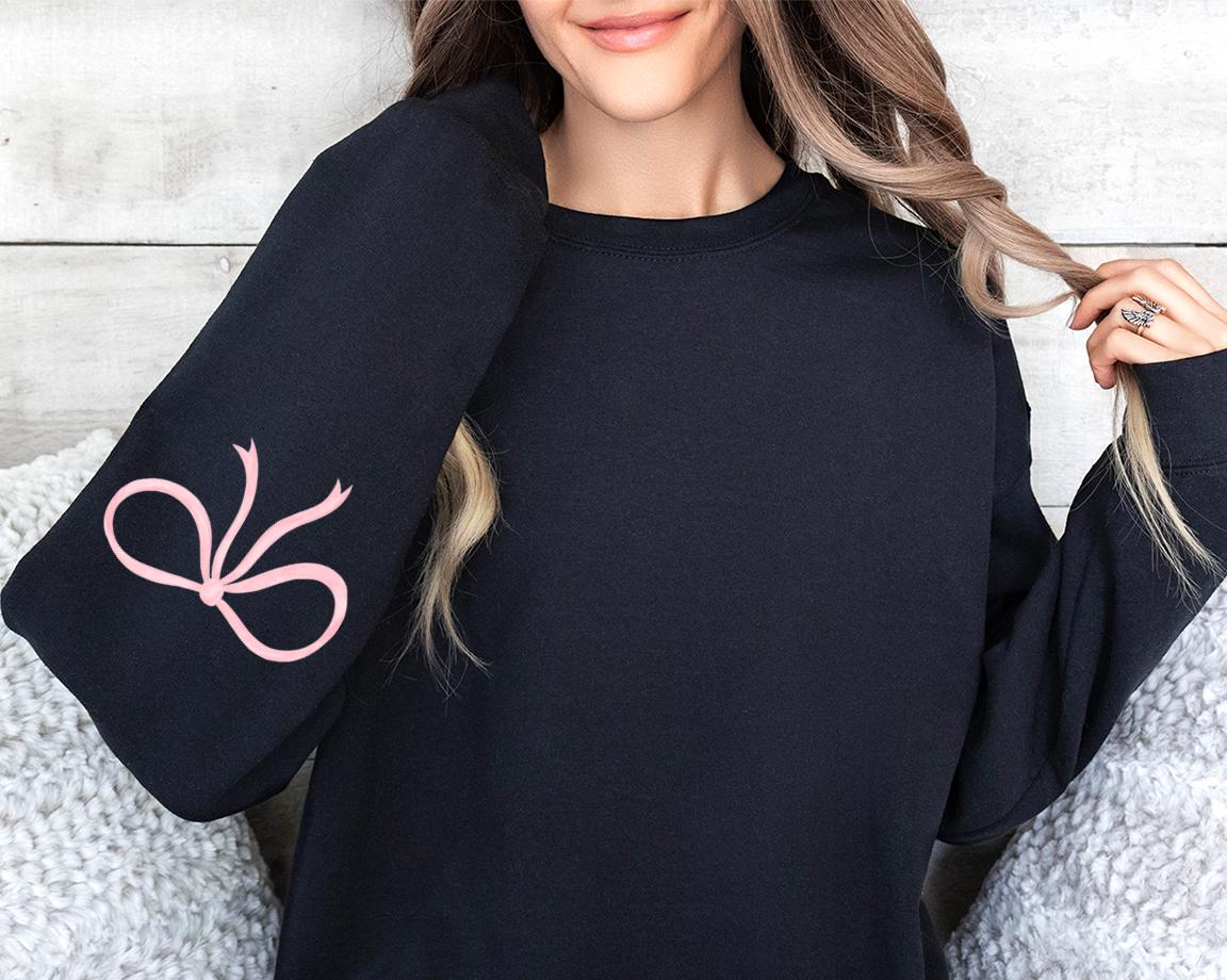 Pink Bow Sweatshirt, Girl Ribbon Hoodie, Pink Coquette Bow on Sleeve, Cute Girl Longsleeve, Minimalist Coquette Hoodie, Christian Women Gift
