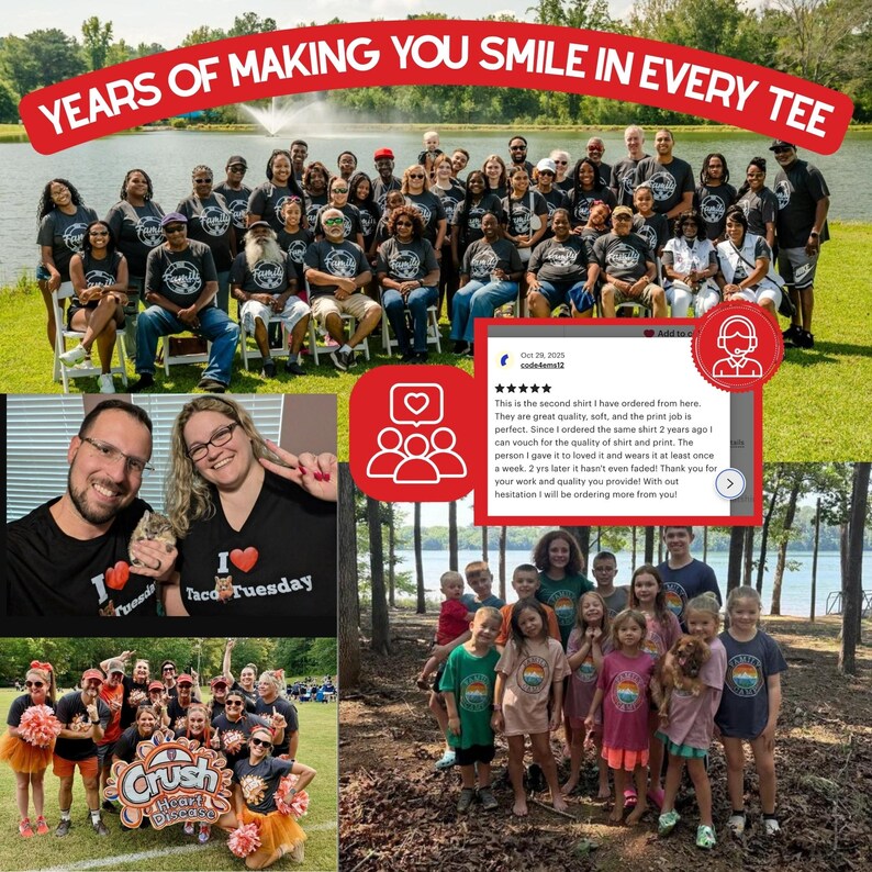 The image is a collage of various photos depicting a group of people, including children, wearing matching T-shirts and posing together. The collage also includes a text overlay that reads "YEARS OF MAKING YOU SMILES IN EVERY TEE" and a social media post with a rating of 4.5 stars.