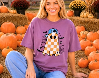 Comfort Colors® Funny Ghost with Checkerboard Shirt, Quirky Halloween Design Tee, Playful Cartoon Ghost with Cap Graphic Shirt