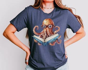 Octopus Reading Book Shirt, Cute Ocean Animal Reader Graphic Tee for Cozy Book Lovers and Sea Life Lovers, Whimsical Outfit Style