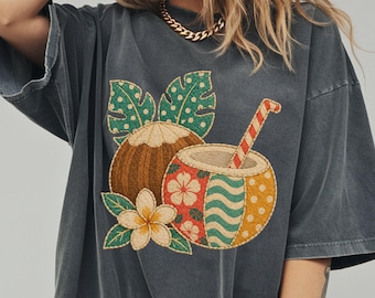 Comfort Colors®  Colorful Coconut Drink Shirt, Tropical Vacation Apparel, Patchwork Summer Design for Beach Lovers, Cute Summer Shirt