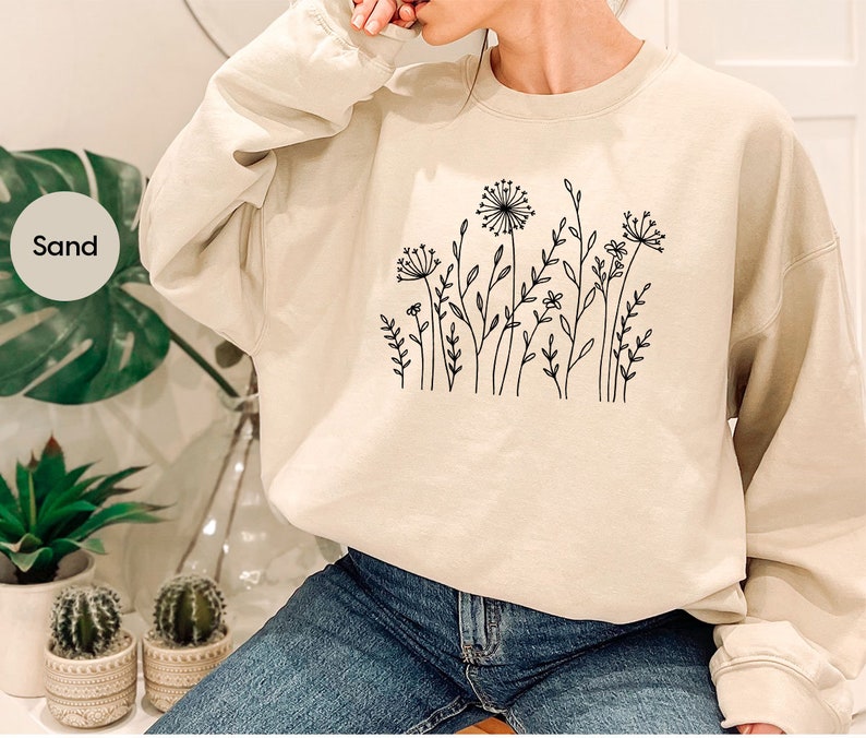 T-shirts minimalistes, cadeaux pour femme, sweat-shirt ras du cou à fleurs, t-shirts esthétiques, chemises à fleurs pour femme, t-shirts graphiques fleurs sauvages image 6