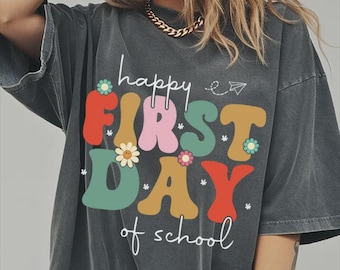 Comfort Colors® First Day School Shirt, Groovy Back To School Teacher Tee, First Grade Kindergarten Student Top, Retro Daisy Back To School