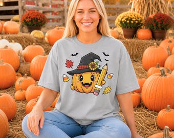 Comfort Colors® Cute Teacher Halloween Shirt, Pumpkin Witch Hat Tee, Back To School Fall Sweatshirt, Autumn Grade School Teacher Gift