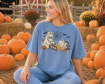 Comfort Colors® Cute Nurse Ghost Shirt, Halloween Nurse  T-Shirt, Creepy RN Tee, Medical Assistant Gift, Doctor Halloween Party