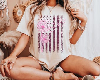 Breast Cancer American Flag Shirt, Pink Firework USA Flag Tee, Patriotic Cancer Awareness Shirt, 4th July Pink Ribbon Tee Gift