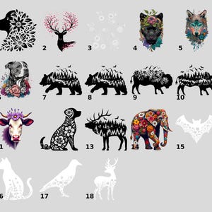 a collection of stylized animal silhouettes and floral designs, including a dog, wolf, bear, cow, dog, cat, moose, and eagle, all rendered in a minimalist, abstract style.