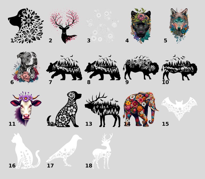 a collection of stylized animal silhouettes and floral designs, including a dog, wolf, bear, cow, dog, cat, moose, and eagle, all rendered in a minimalist, abstract style.