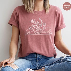 Minimalist Book Tshirt, Cute Wild Flower Shirt, Gifts for Bookworm, Reading Book Shirts, Aesthetic Floral Tshirt, Minimal Gift for Librarian image 3