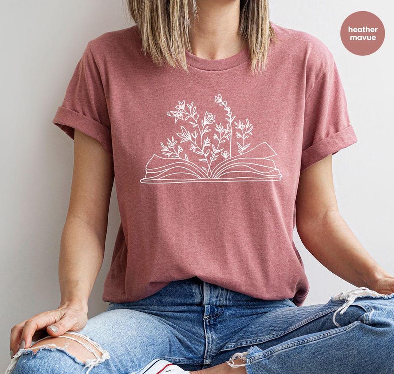 Minimalist Book Tshirt, Cute Wild Flower Shirt, Gifts for Bookworm, Reading Book Shirts, Aesthetic Floral Tshirt, Minimal Gift for Librarian image 3