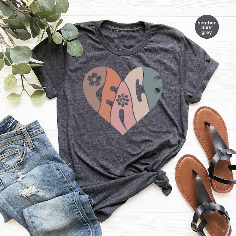 Vintage T Shirt, Peace Shirt, Graphic Tees Vintage, Peace Heart Shirt, Groovy Shirt, Groovy Peace Shirt, Boho Shirt, Shirts For Women image 1