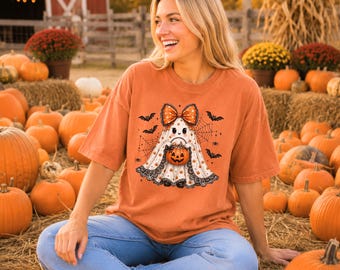Comfort Colors® Kawaii Ghost Halloween Shirt, Cute Pumpkin Bucket Design, Whimsical Ghost Graphic Tee, Cute Creepy Ghost Halloween Shirt
