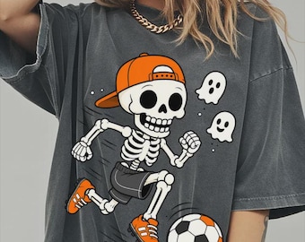 Comfort Colors® Halloween Soccer Skeleton Shirt, Creepy Football Player Tee, Ghostly Game Day Top, Funny Skeleton Soccer Ball Shirt