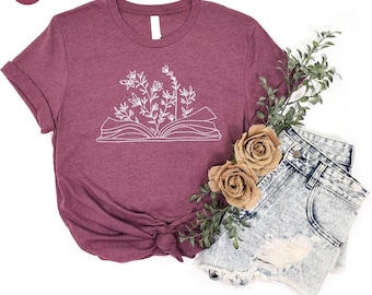 Minimalist Book Tshirt, Cute Wild Flower Shirt, Gifts for Bookworm, Reading Book Shirts, Aesthetic Floral Tshirt, Minimal Gift for Librarian