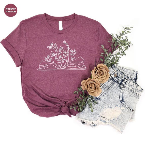 Minimalist Book Tshirt, Cute Wild Flower Shirt, Gifts for Bookworm, Reading Book Shirts, Aesthetic Floral Tshirt, Minimal Gift for Librarian