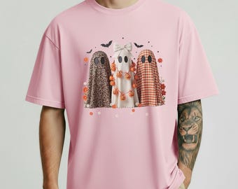 Comfort Colors® Whimsical Ghost Halloween Shirt, Playful Bats and Flowers Tee, Leopard Print and Checkered Ghost Shirt