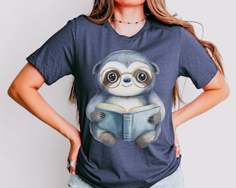 Sloth Reading Books Shirt, Cute Animal Reader Graphic Tee for Cozy Book Lovers and Relaxed Library Lovers, Whimsical Outfit Style