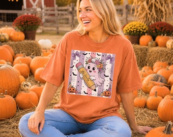 Comfort Colors® Cute Personalized Halloween Ghost Shirt, Personalized Teacher Gift, Cute Kawaii Ghost Design for Halloween