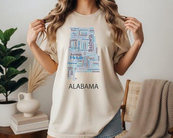 Comfort Colors®Alabama Word Cloud Shirt, State Shape Graphic Tee for Regional Pride, Southern Heritage Unisex Tank Top