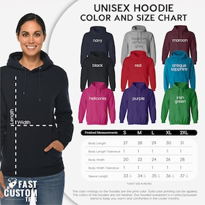 May include: A navy blue unisex hoodie with a size chart showing various colors and measurements in inches. The chart includes colors like black, red, and purple. The hoodie is a cotton/polyester blend.