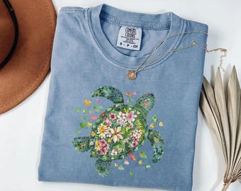 Comfort Colors® Sea Turtle Flower Heart Shirt, Watercolor Nature Lover Tee, Cute Nature Lover Unisex Tank Top, Summer Ocean Gift