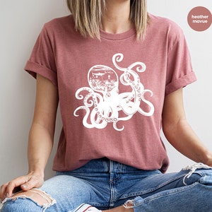 Octopus Graphic Tees, Ocean Shirt, Sea Animals Gift, Octopus Clothing, Cool Octopus Toddler Shirt, Women VNeck TShirt, Gift for Him image 2