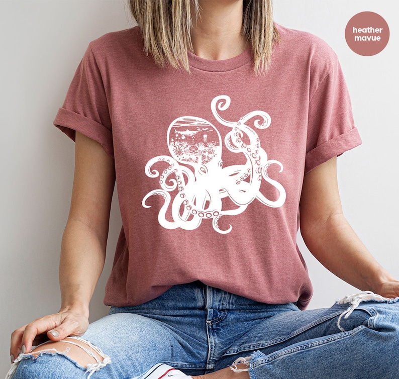 Octopus Graphic Tees, Ocean Shirt, Sea Animals Gift, Octopus Clothing, Cool Octopus Toddler Shirt, Women VNeck TShirt, Gift for Him image 2