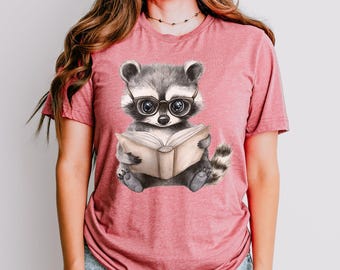 Raccoon Reading Book Shirt, Cute Whimsical Animal Reader Graphic Tee for Cozy Book Lovers and Library Lovers, Literary Outfit Style