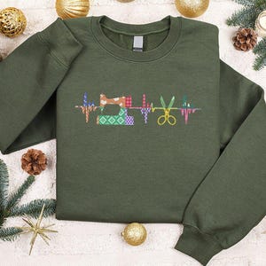 Sewing Heartbeat Sweatshirt, Crafting Enthusiast Sweatshirt, Creative Hobby Hoodie for DIY Lovers, Sewing Machine Scissors Graphic