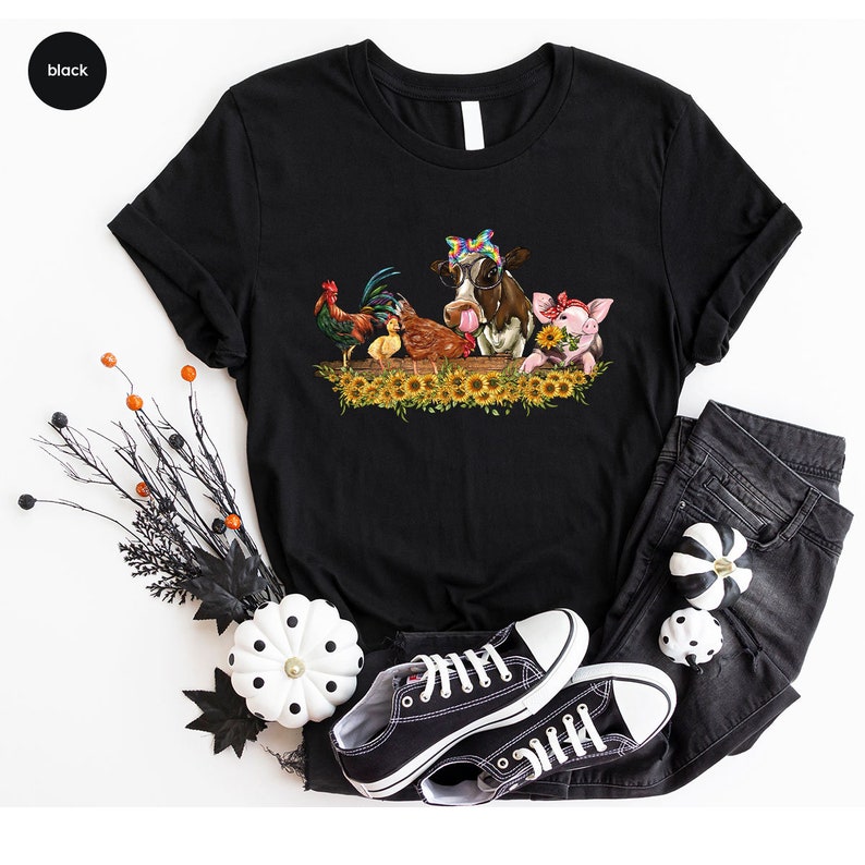 Farm Shirt, Farmer Vneck Shirt, Cute Animal Shirt, Country Tees, Farm Animal Graphic Tees, Cow Shirt, Chicken T-Shirt, Floral Shirt image 2
