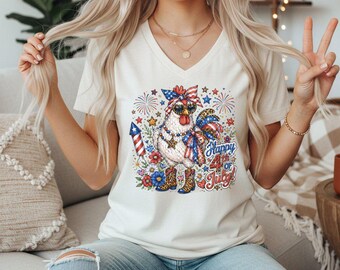 Camiseta de pollo para el 4 de julio, camiseta patriótica de animales para el Día de la Independencia, divertido diseño de fuegos artificiales para reuniones familiares.