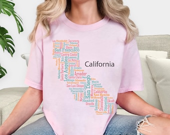 Comfort Colors®California Word Cloud Shirt, State Pride Typography Design, California Cities Graphic Unisex Tank Top