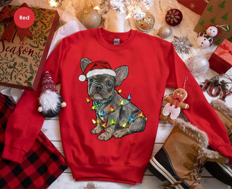 French Bulldog Christmas Dog Mom Sweatshirts, Holiday Xmas Party Dog Graphic Tees for Dog Owner, Christmas French Bulldog Gifts for Dog Dad image 7