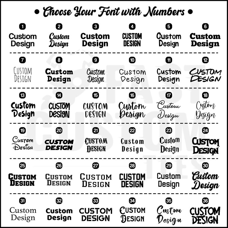 May include: A chart with 36 different font styles for custom design. Each font style is numbered and includes the text "Custom Design".