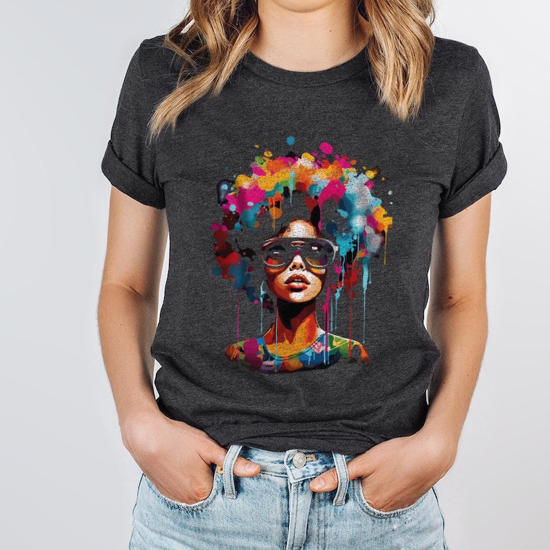 a woman wearing a t - shirt with a picture of a woman wearing sunglasses