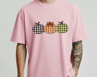 Comfort Colors® Plaid Pumpkin Autumn Shirt, Festive Thanksgiving Unisex Shirt with Bow, Rustic Fall Harvest Graphic Shirt