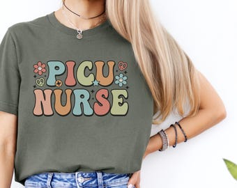 Retro PICU Nurse Shirt with Peace Signs and Smiley Faces, Pediatric Care Unisex Shirt, Nurse Appreciation Gift, Vintage Healthcare Apparel