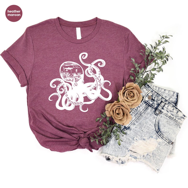 Octopus Graphic Tees, Ocean Shirt, Sea Animals Gift, Octopus Clothing, Cool Octopus Toddler Shirt, Women VNeck TShirt, Gift for Him image 5