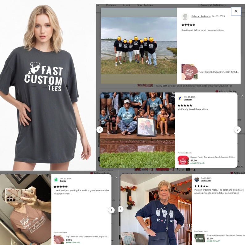 May include: A dark gray t-shirt dress with the text "FAST CUSTOM TEES" in white. The design includes a dog silhouette. The image also shows customer reviews of the product.