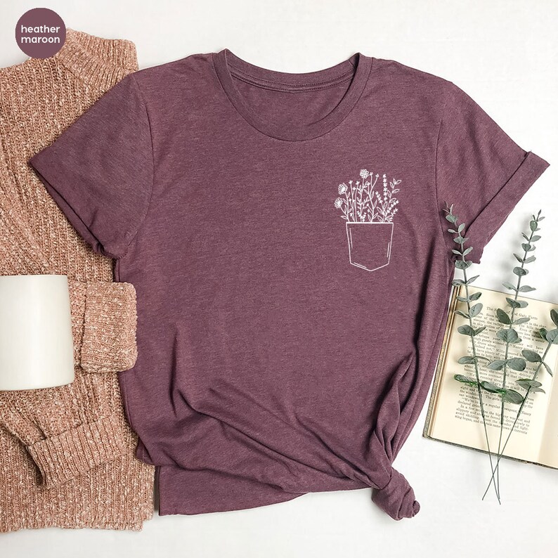 Pocket Flower Shirt, Pocket Tee, Plant Shirt, Botanical Shirt, Pocket Shirts For Her, Gardening Shirt, Aesthetic Shirt, Spring Shirt image 4