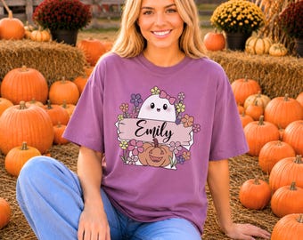 Comfort Colors® Cute Ghost Halloween Shirt, Personalized Kawaii Ghost Shirt, Custom Name Halloween Shirt, Cute Halloween Gift