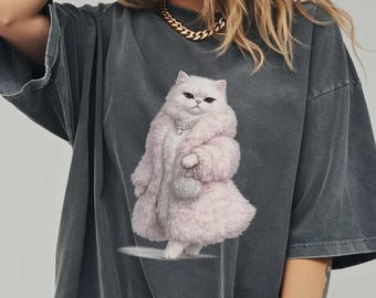 Comfort Colors® Luxury Cat Design Shirt, Funny White Cat in Pink Fur Coat Tee, Whimsical Fashion for Cat Lovers, Humorous Animal Party Shirt