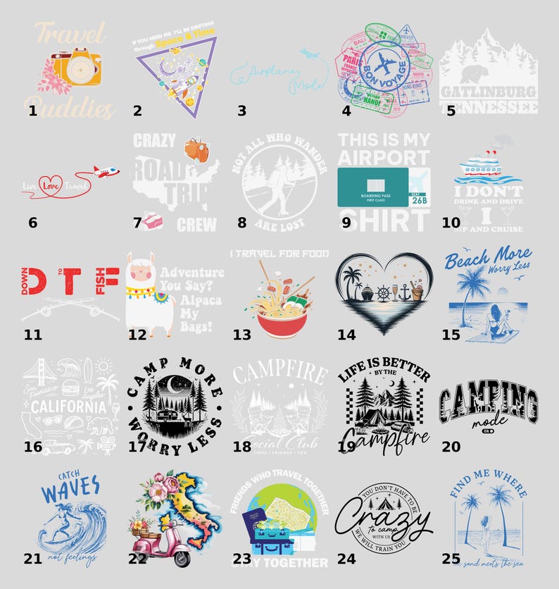 a collection of various travel-related graphics and phrases, including logos, illustrations, and text, all with a focus on travel and adventure themes.