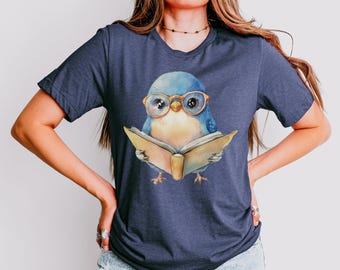 Blue Bird Reading Book Shirt, Cute Animal Reader Graphic Tee for Cozy Book and Library Lovers, Whimsical Literary Outfit Style