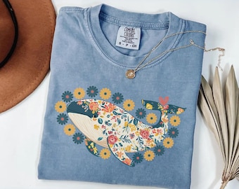 Floral Whale Nature Shirt, Artistic Marine Life Top for Ocean Lovers, Whimsical Botanical Design for Earth Day, Unique Gift Tee