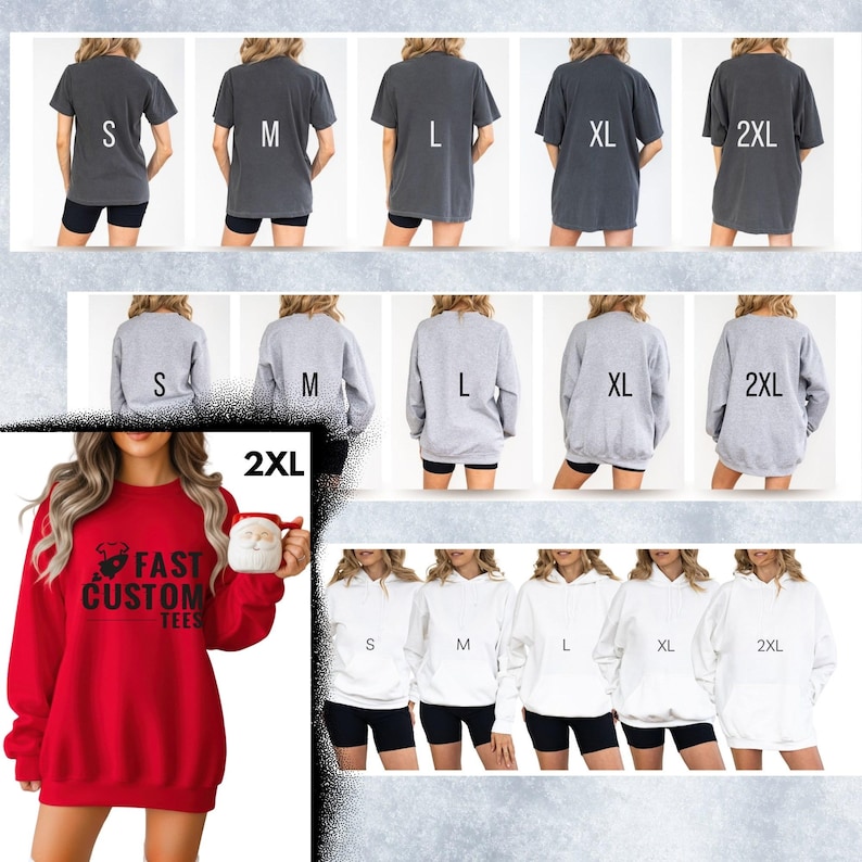 The image is a collage of various images showing different sizes of a red sweater and white sweatshirts, along with a person wearing a red sweater with the text "FAST CUSTOM TEES" printed on it.